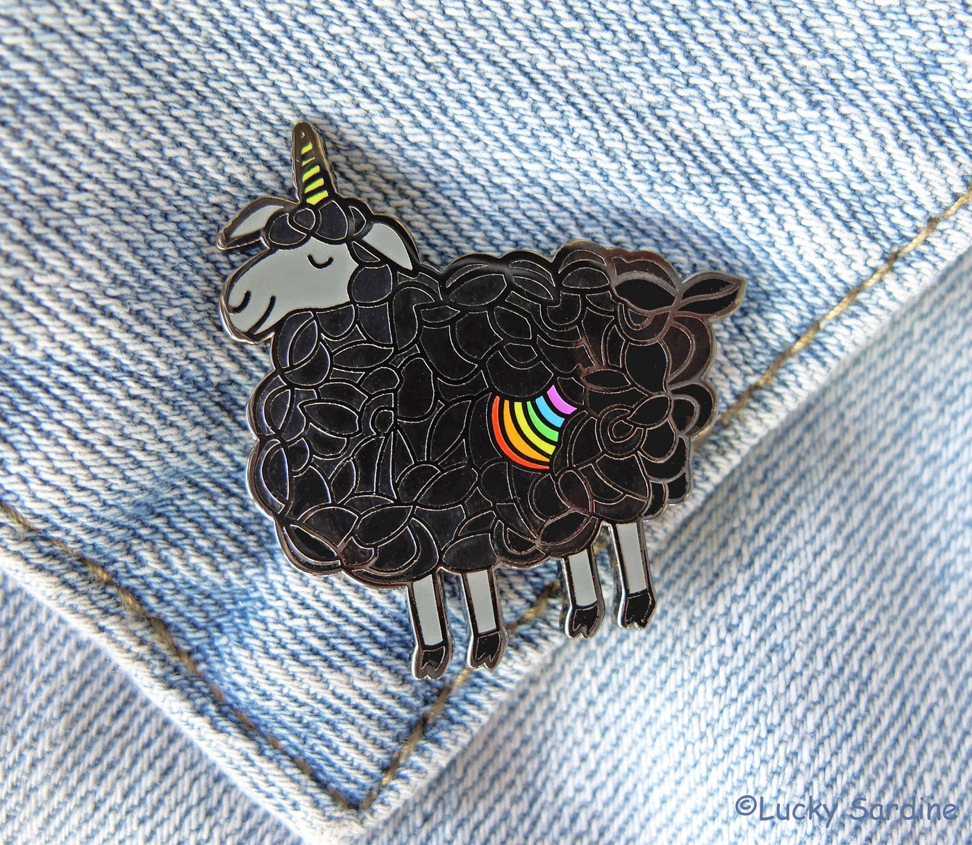 Black Sheep Unicorn, Rainbow Enamel Pin: Black Nickel Metal / No