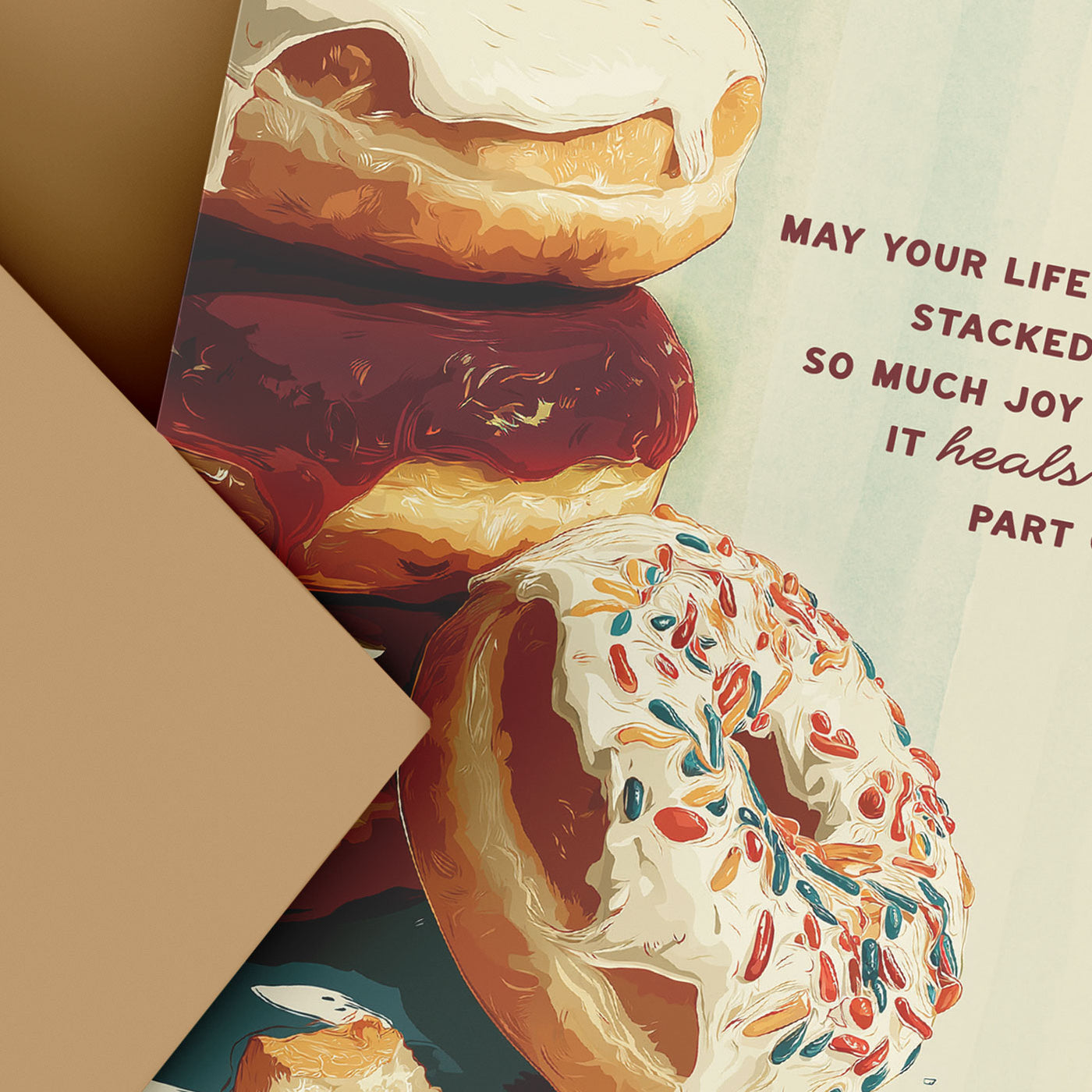 Stack of donuts with colorful glaze and a motivational quote on a textured background