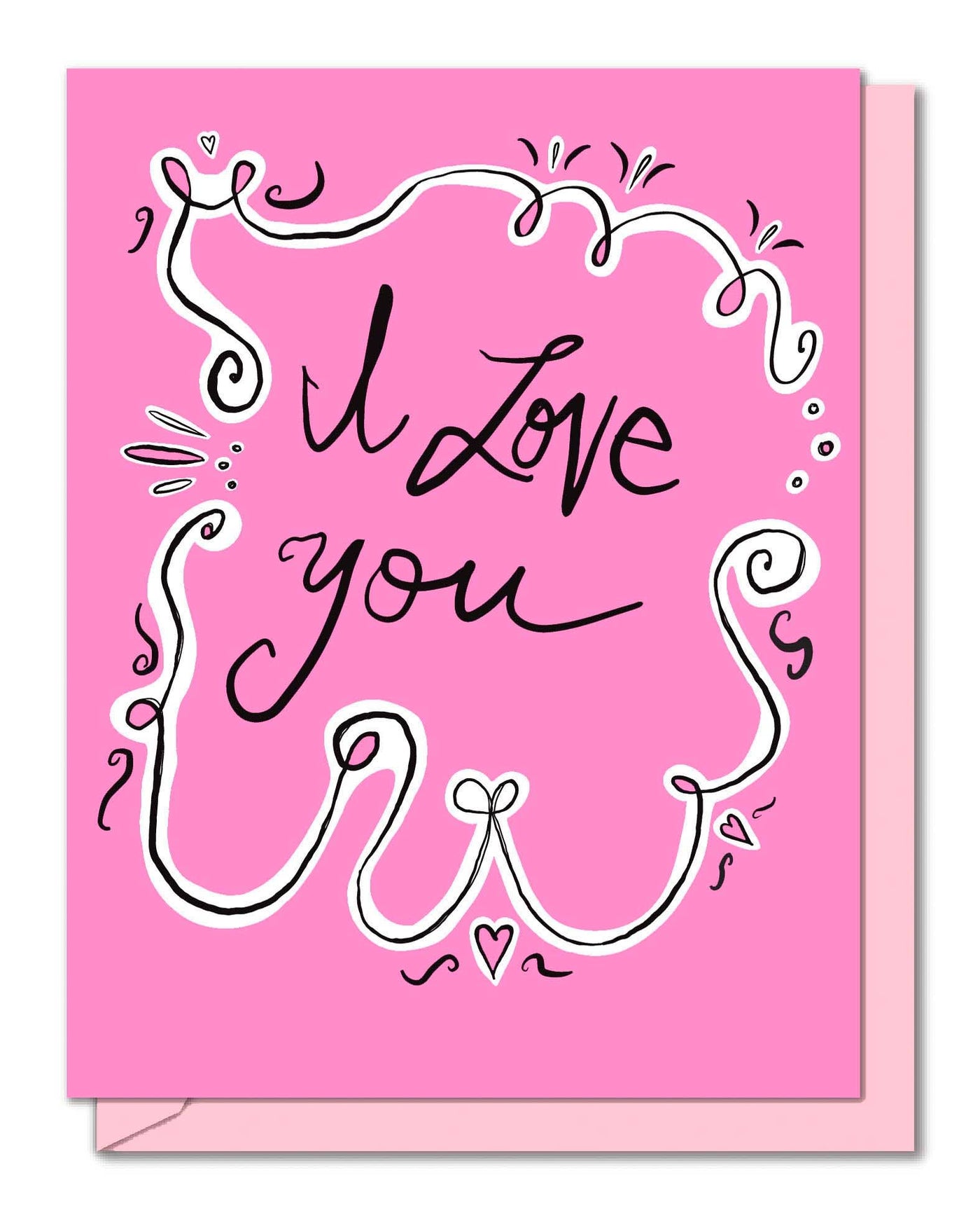 Mirthos Paper - I Love You Neon Pink card with hand drawn font & flourishes