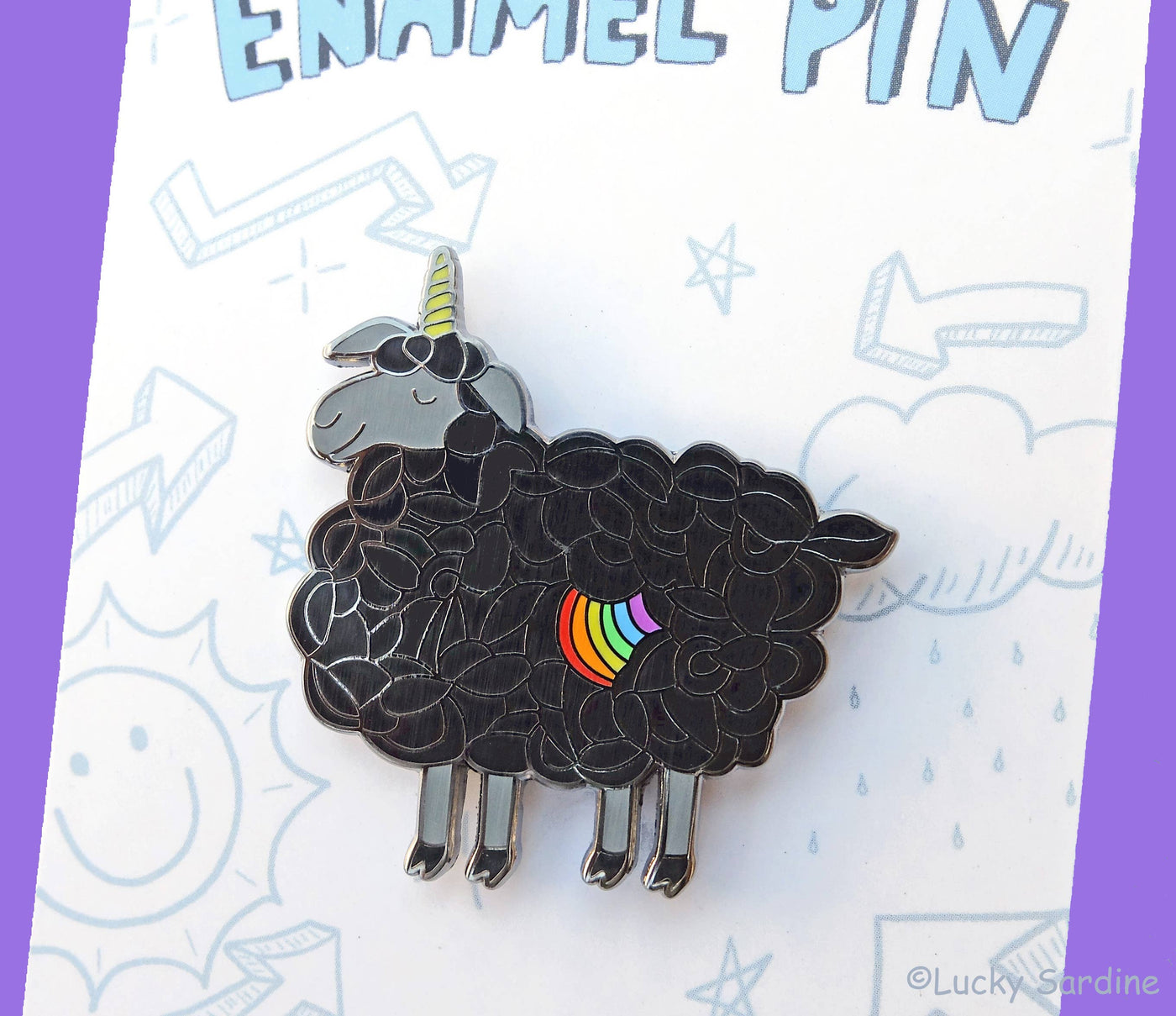 Black Sheep Unicorn, Rainbow Enamel Pin: Black Nickel Metal / No