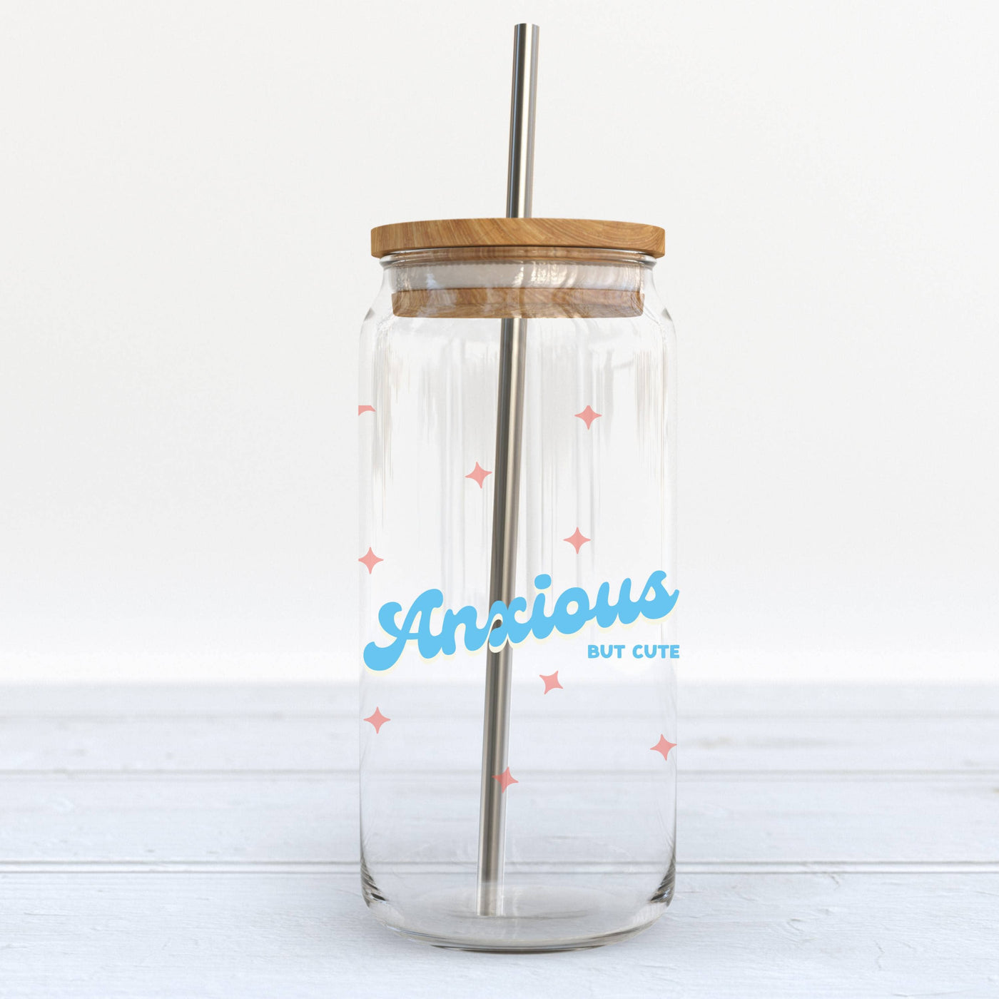 Anxious But Cute Glass Cup w/ Bamboo Lid Straw (funny)